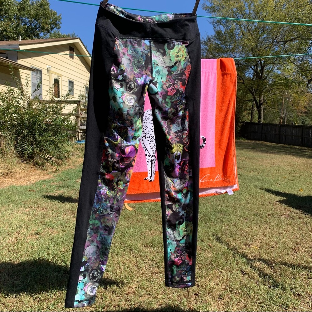 Cynthia Rowley Colorful Marble Floral Black Colorblock Leggings Size Small